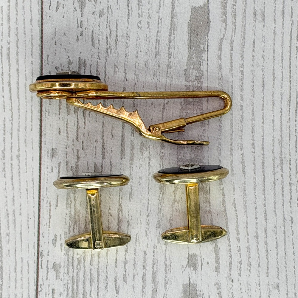 Vintage Foster Gold Tone Black Onyx Rhinestone Tie Clip and Cufflinks Set Mens - Picture 4 of 6
